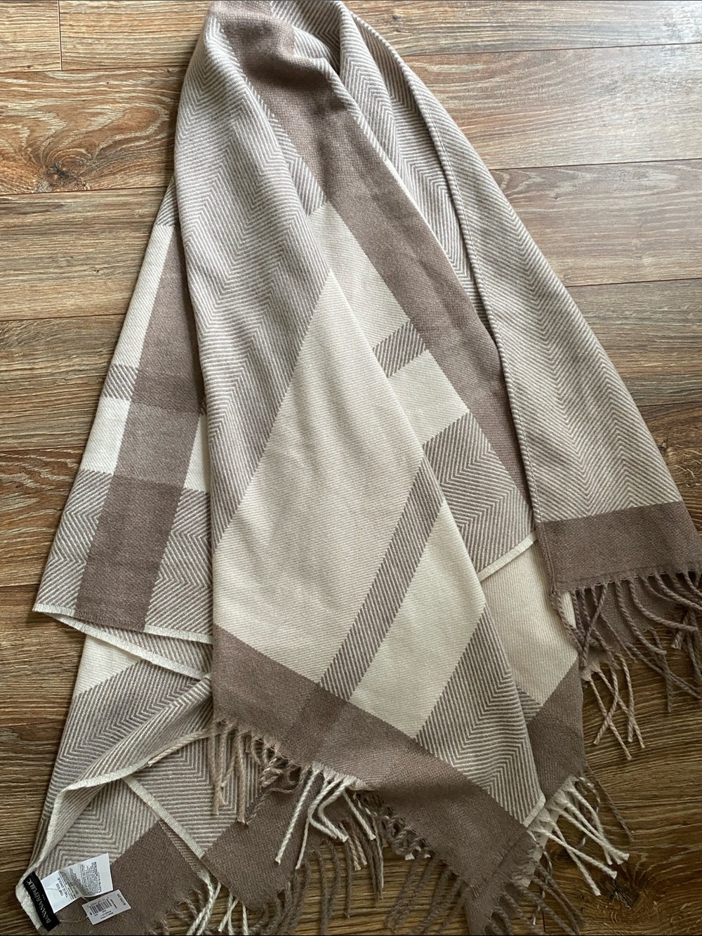 Banana Republic Taupe & Cream Plaid Fringe Wrap